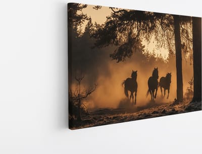 Saammp Canvas Schilderij - Stofwolken door rennende Paarden - Natuur - Dieren - 45x30 - Foto op canvas - Wanddecoratie - Muurdecoratie Woonkamer - Slaapkamer decoratie - Canvas Print