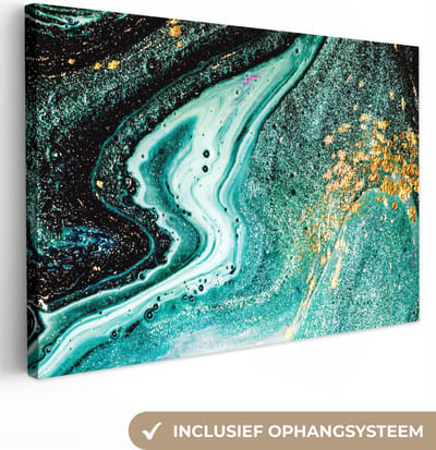 Canvas schilderij 150x100 cm - Wanddecoratie Marmerlook - Blauw - Goud - Glitter - Luxe - Marmer - Muurdecoratie woonkamer - Slaapkamer decoratie - Kamer accessoires - Schilderijen op canvas