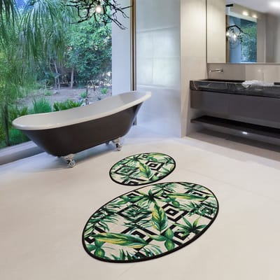 Bosdela Tropic ovaal 2-delige badkamermatten, wasbaar, zacht en comfortabel – toiletmat + badmat – ideaal voor badkamer en toilet, met 60x100 cm + 50x60 cm