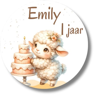 Stickers naam en leeftijd - Schaapje - taart – Set van 20 Ronde Verjaardag Stickers