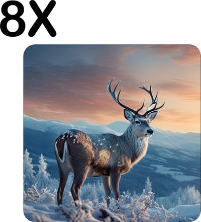 Luxe Placemat - Hert in de Winter op een Berg - Set van 8 Placemats - 50x50 cm - 2 mm dik Vinyl - Anti Slip - Afneembaar