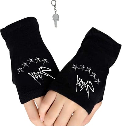 Zwarte winterhandschoenen zonder vingers voor K-pop-fans, inclusief 2 stickers en 1 sleutelhanger, perfect cadeau voor Stay