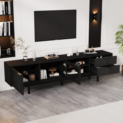 DESMIU Televisiemeubel - Modern Lowboard Met 2 Deuren En 2 Lades - Voor Woonkamer En Tv Tot 80 Inch - Spaanplaat En Glas - 200x40x50,5 Cm - Zwart