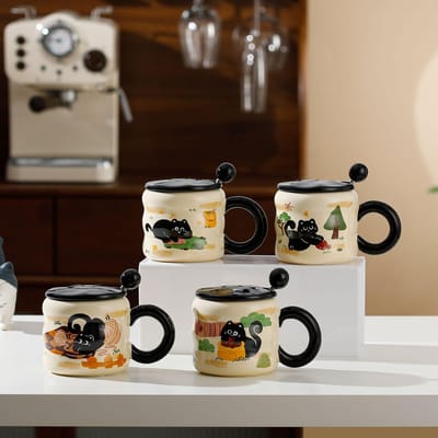 Gepersonaliseerde Cartoon Zwarte Kat Keramische Mok met Deksel Lepel Cadeau Drinkbeker Schattige Internet Beroemdheid Hoge Waarde Koffiekop 301-400ml gray