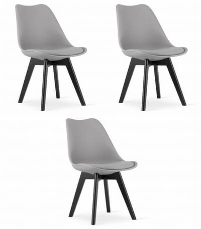 Set van 3 Stoelen MARK – Grijs, Zwarte Poten, Kunststof Zitting met Kunstlederen Kussen, Strak Design, Ergonomisch, Geschikt voor Keuken, Eetkamer, Kantine en Werkruimte, Max. 120 kg
