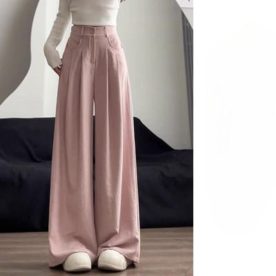 Witte Crème Geplooide Broek voor Dames In Lente en Zomer Nieuwe Hoge taille Losvallende Draperende Rechte pijp Casual en Relaxte Wijde pijpen XL gray