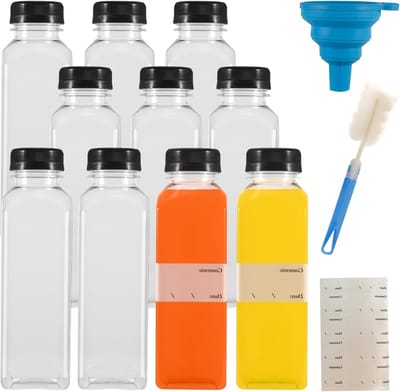Herbruikbare plastic flessen 400ml met deksel voor sap, melk, water en dranken - Set van 10 flessen voor thuis en onderweg