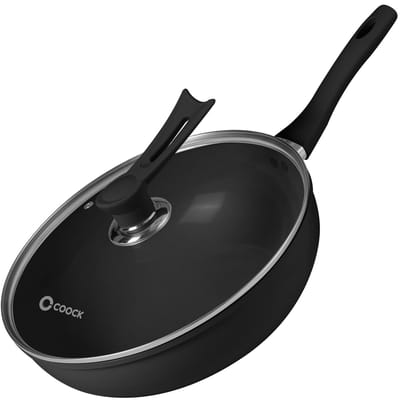 COOCK Wokpan Inductie 32cm - Speciale Anti-Aanbak Coating - Roerbakpan met deksel - Gerecycled Aluminium - Zwart - Inclusief E-book