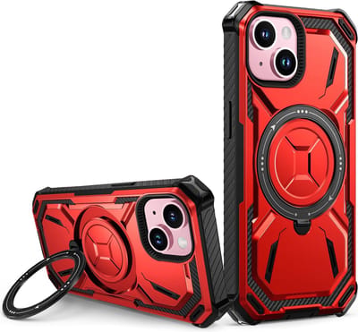 Casemania Hoesje Geschikt voor Apple iPhone 15 Plus - Rood - Kickstand Ring Back Cover - Geschikt voor MagSafe