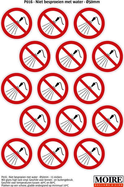 Pictogram sticker 75 stuks P016 - Niet besproeien met water - 50 x 50mm - 15 stickers op 1 vel