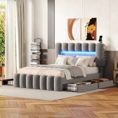 Gestoffeerd Tweepersoonsbed met Opbergruimte en Verstelbaar Hoofdeinde 140x200 cm Grijs Fluweel