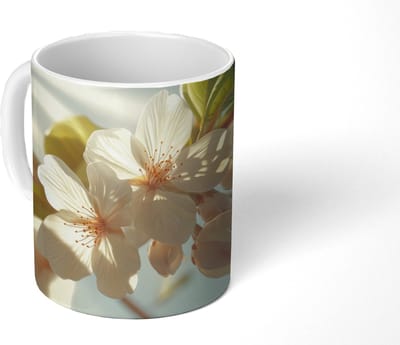 Mok - Koffiemok - Bloesems - Wit - Zonnestralen - Bloemblaadjes - Mokken - 350 ML - Beker - Koffiemokken - Theemok