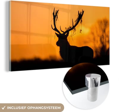 MuchoWow® Glasschilderij 120x60 cm - Schilderij acrylglas - Hert - Oranje - Silhouet - Dieren - Natuur - Foto op glas - Schilderijen