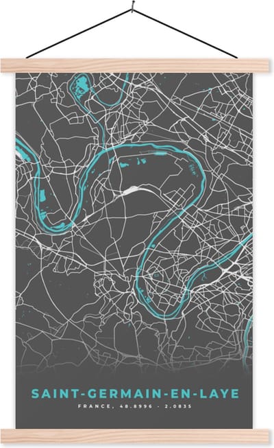 Posterhanger incl. Poster 40x60 cm - Schoolplaat - Saint-Germain-en-Laye - Stadskaart - Kaart - Plattegrond - Frankrijk - Textielposter - Blanke latten - Stadskaart