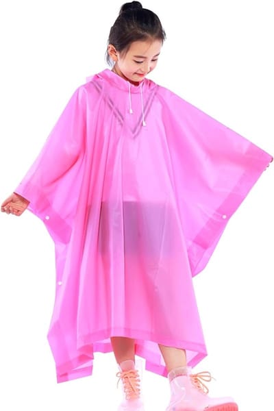 Famanu – Waterdichte regenponcho voor kinderen, herbruikbare EVA kinderregenjas met capuchon en knopen voor meisjes jongens, lichtgewicht heldere regenkleding kinderen regencape voor school outdoor wandelen fietsen kamperen reizen, roosrood