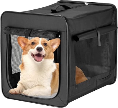 Wiltec opvouwbare transportbox voor honden en katten L 76x56x61 cm, robuuste en lichte hondenbox met uitneembaar kussen, zwart huisdierenbox voor een veilige transport