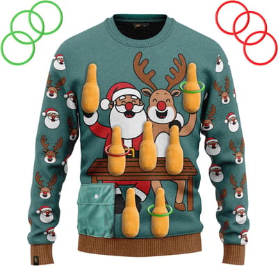 JAP Christmas Interactieve Kersttrui (maat S) - 100% Gerecycled - Kriebelt niet - Kerstcadeau volwassenen - Foute Kersttrui dames en heren - Ring werpen (Inclusief 6 ringen) - Groen