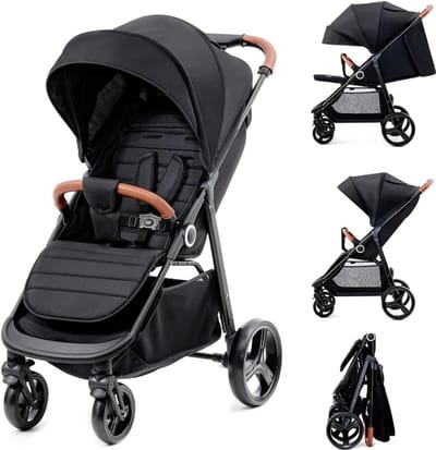 kk KinderKraft KSGRAN00BLK0000 grande plus Lichtgewicht Kinderwagen Buggy vanaf de geboorte tot 22 kg, Inklapbaar met één hand, Ligpositie, Grote cabine XL, Alle wielen geveerd zijn, Zwart