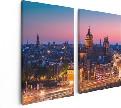 Artaza Canvas Schilderij Tweeluik Amsterdam Skyline Bij Zonsondergang  - 80x60 - Foto Op Canvas - Canvas Print