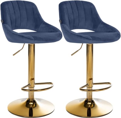 CLP Milet Set van 2 barkrukken - Met rugleuning - Verstelbaar - Velvet - Fluweel - goud/blauw