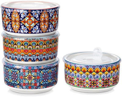 Cosensi- Opbergkommen 1300ml - Set van 4 - Luchtdichte Deksel - Keramisch - Voedselopslag - Geschikt voor Magnetron