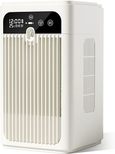 LISM-Draagbare verdampingsluchtkoeler met vernevelings- en bevochtigingsfunctie, persoonlijke verdampingsluchtkoeler, timerventilator, sproeistand, ultrastil tafelmodel, oplaadbaar, wit, geschikt voor slaapkamers, kantoren en kamperen.