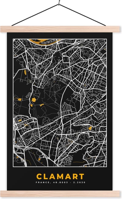 Posterhanger incl. Poster 40x60 cm - Schoolplaat - Frankrijk – Clamart – Stadskaart – Plattegrond – Kaart - Textielposter - Blanke latten - Stadskaart