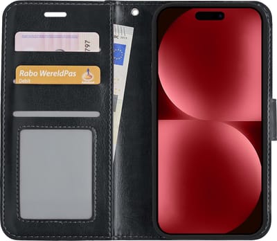 Hoesje - Met Pasjeshouder - Geschikt voor Apple iPhone 15 - Luxe Bookcase Portemonee - Flip Case - Kunstleer Book Case - Flipcase - Book Cover - Walletcase - Portemonneehoes - Zwart
