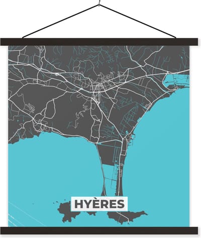 Posterhanger incl. Poster 60x60 cm - Schoolplaat - Plattegrond – Kaart – Stadskaart – Frankrijk – Hyères - Textielposter - Zwarte latten - Stadskaart