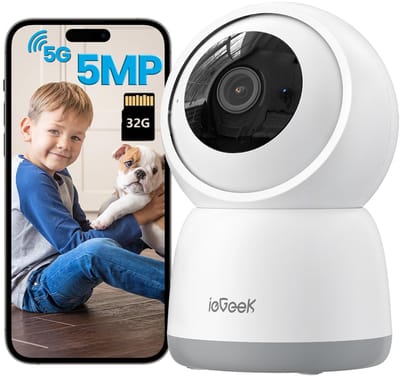 ieGeek Beveiligingscamera binnen - 5MP Ultra HD - Huisdiercamera met app - Beveiligingscamera's - Wifi Camera APP - Volgt beweging en geluidsdetectie - Bewakingscamera - 2.4/5 GHz - 32GB Kaart - Wit