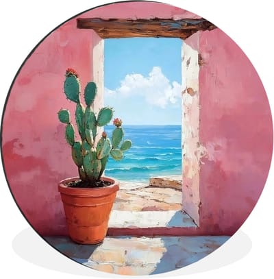 WallCircle - Wandcirkel - Muurcirkel - Zee - Roze - Cactus - Aluminium - Dibond - 30x30 cm - Binnen en Buiten