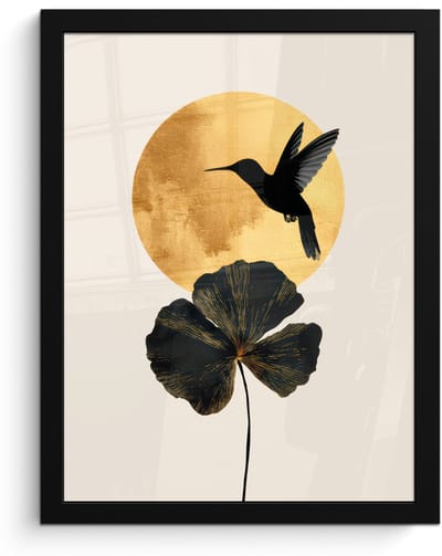 Poster in lijst - Fotolijst 30x40 cm - Posters - Zwarte kolibrie - Bloem - Gouden cirkel - Posterlijst zwart - Decoratie - Wanddecoratie woonkamer - Muurdecoratie slaapkamer