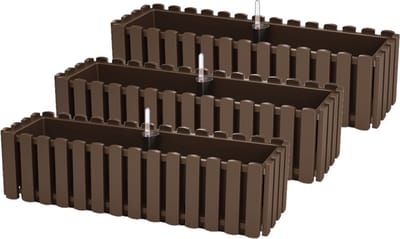 Prosperplast Plantenbak/bloembak Fence look - 3x stuks - kunststof - houtbruin - 58 x 18 x 16 cm