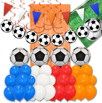 LUQ – World Cup Voetbal Pakket – Oranje-Rood-Wit-Blauw – Football Party Versiering – Set Decoratie Ballonnen Slingers