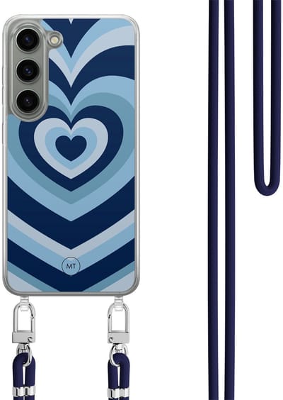 Hoesje met koord geschikt voor Samsung Galaxy S23 - Hart blauw - Inclusief Donkerblauw koord - Crossbody beschermhoes - Transparant, Blauw - Mooie Telefoonhoesjes