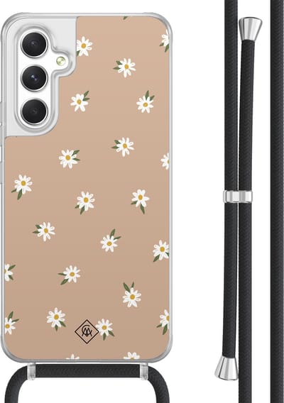 Casimoda® hoesje met koord - Geschikt voor Samsung A54 - Sweet Daisies - Afneembaar koord - TPU/acryl - Bruin/beige