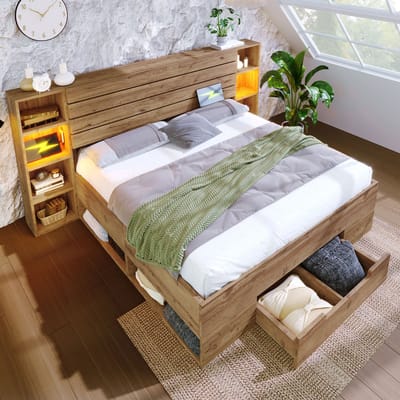 REDOM Tweepersoonsbed – Met opbergruimte & LED-verlichting – USB & USB-C – Hout & metaal – Eikenkleur – 160 x 200 cm