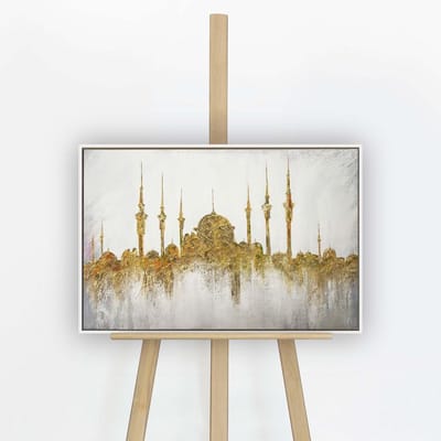 YS Schilderij "Moskee" - Handgeschilderd canvas schilderij - Wanddecoratie Moderne kunst - Goud - Reli?f - Muurdecoratie woonkamer - Slaapkamer decoratie - Kamer accessoires - Schilderijen op canvasmetlijst White 60x40