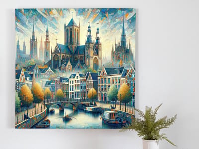 Olieverf groningen schilderij | Het Groningse landschap tot leven gebracht in levendige olieverf | Kunst - 75x75 centimeter op Forex | Foto op Forex