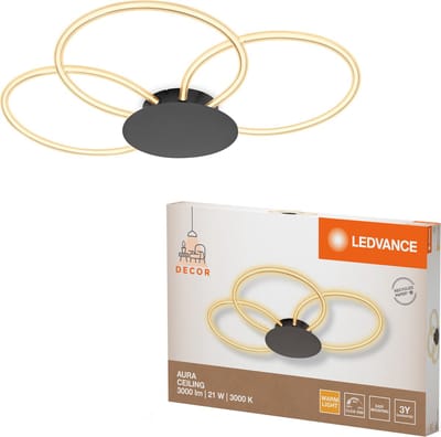 LEDVANCE Decor Aura plafondlamp van gebogen polycarbonaat met LED en filamentontwerp, 21 W, 2200 lm, 3000 K, 830 warm wit, click dimbaar, donkergrijs, kunststof (PC), IP20