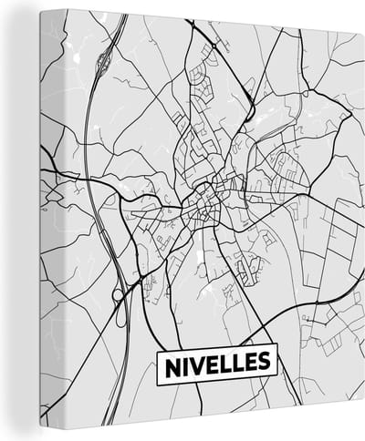 Canvas Schilderij Stadskaart – Zwart Wit - Kaart – Nivelles – België – Plattegrond - 20x20 cm - Wanddecoratie