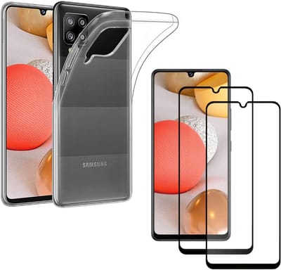 Hoesje Ultraslank geschikt voor Galaxy a42 backcover siliconen Transparant en 2 stuks ScreenProtector Gehard Glas met zwarte randen