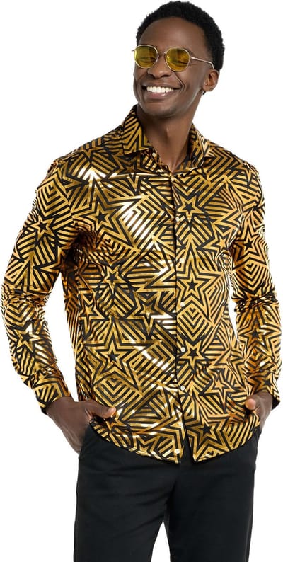 OppoSuits Golden Geo Star Shirt - Mannen Overhemd - Kerst Shirt - Kerst - Oud en Nieuw - Goud - Maat EU37