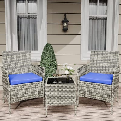 3-delige bistroset voor op het terras - Tuinmeubels van PE-rotan met 2 stoelen met kussens en een salontafel - Weerbestendig voor in de tuin, op het balkon of op de veranda - Blauw