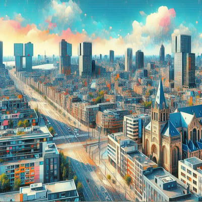 Acryl rotterdam schilderij | Rotterdamse skyline in levendige acrylverf: een kunstzinnig meesterwerk | Kunst - 30x30 centimeter op Canvas | Foto op Canvas
