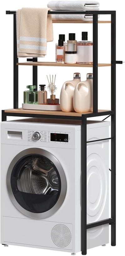 Norvia - Wasmachine Opbergkast - Licht Eiken Zwart - 3 Laags Badkamerrek - 162 cm Hoog - Handdoekenrek - Badkamerplank - Stevig