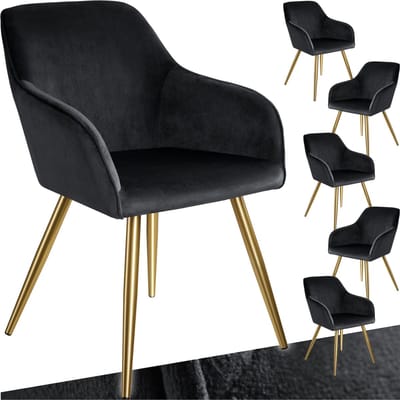 tectake® Eetkamerstoel Marilyn - Set van 6 - Met Armleuningen - Elegante Stoel met Gevoerde Zitting in Fluweellook - Gestoffeerd - Gouden metalen poten - Ergonomische Keukenstoel - Stoel voor Woonkamer, Eetkamer en Slaapkamer - Zwart