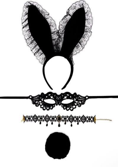 KIMU® Haarband Set Bunny Zwart Fluweel - Konijn Oren, Oogmasker, Staart & Choker - Playboy Kanten Diadeem Konijnenoren Masker Oortjes Paashaas Staartje Kant Lace Sexy Ketting Festival
