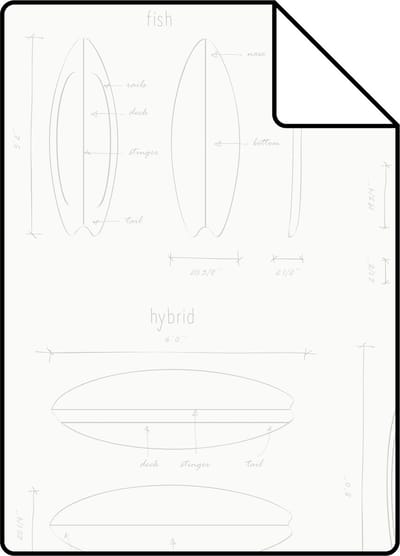 Proefstaal ESTAhome behang technische tekeningen van surfplanken wit en zilver - 26.5 x 21 cm - 128869-S