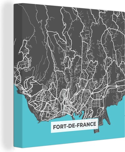Canvas Schilderij Kaart - Frankrijk - Stadskaart - Plattegrond - Fort-de-France - 20x20 cm - Wanddecoratie